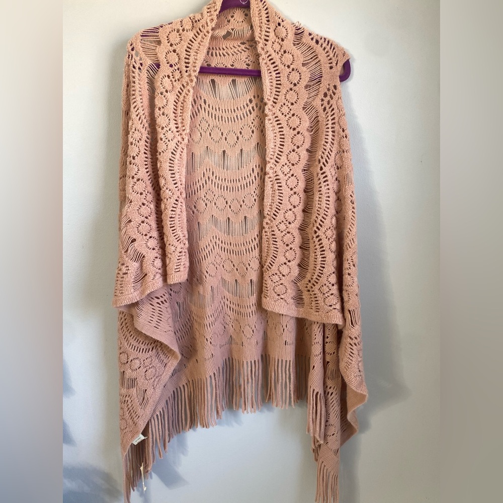 Pink Fringe Crochet Long Boho Hippie Knit Vest Festival Cottagecore Kimono
